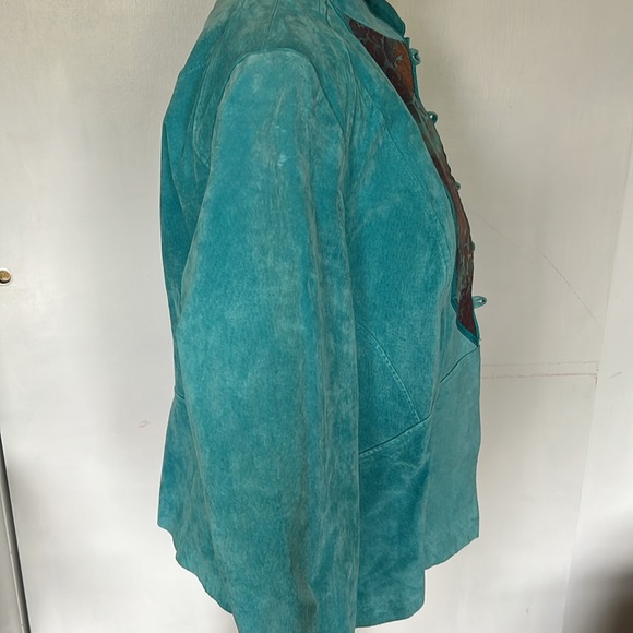 Sharif Studio Turquoise Suede Jacket with Metallic Print Detail - Size L - Picture 3 of 11